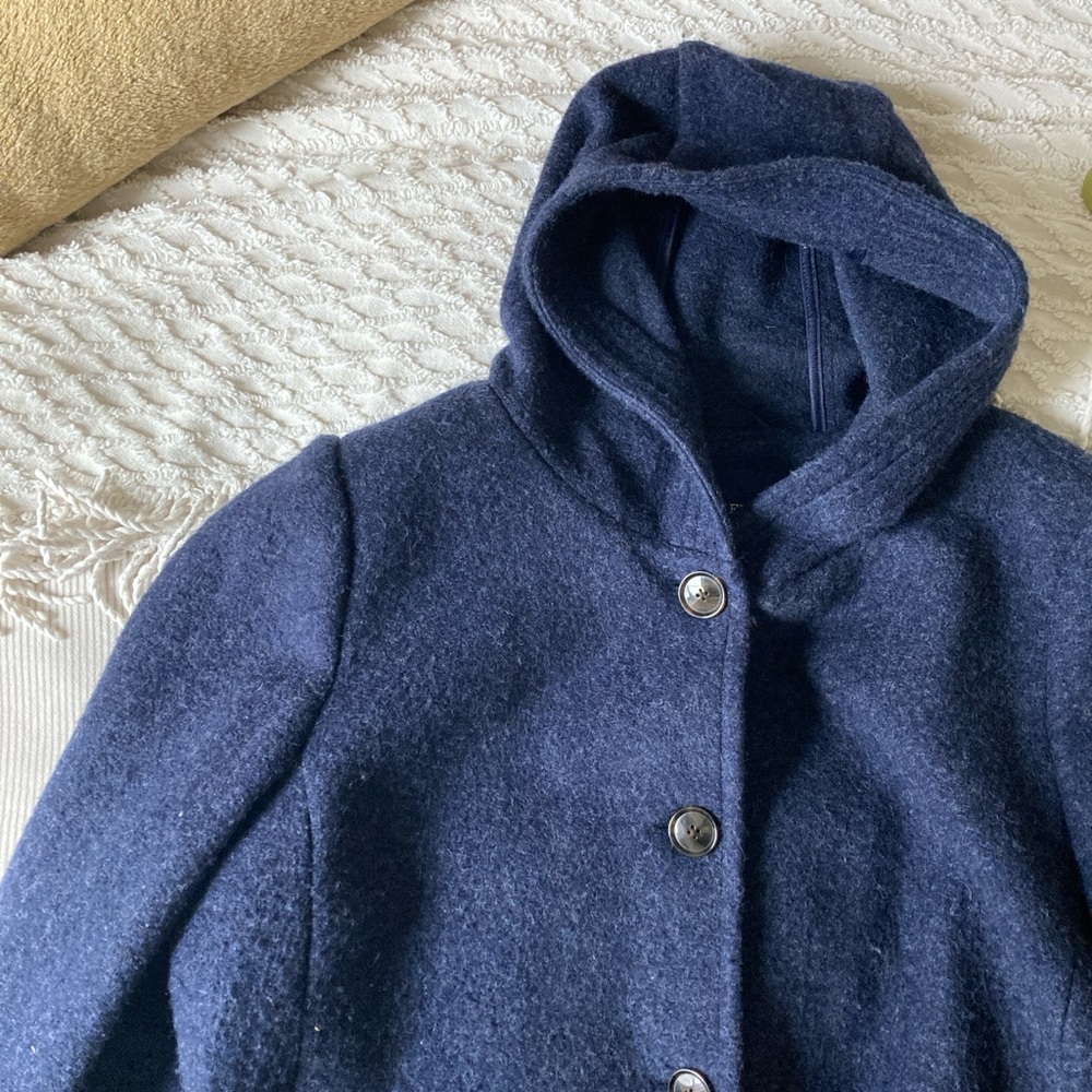 LANDS END Navy Hooded Wool Button Coat - Picture 3 of 9